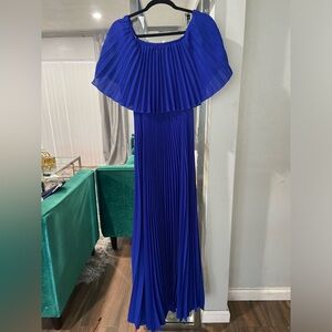 Blue pleated off shoulder maxi dress